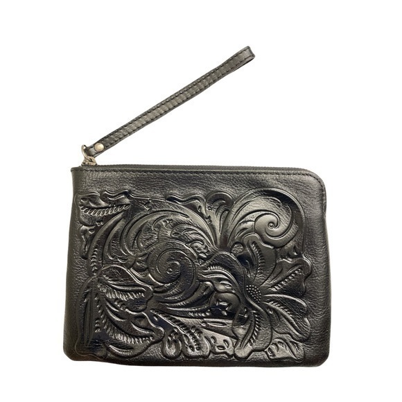 Patricia nash black embossed leather wristlet bag - Picture 1 of 9